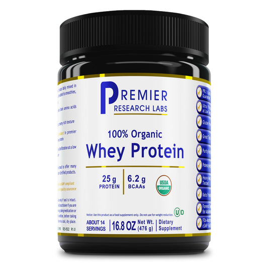 Premier Research Labs Organic unflavored whey powder tub for clean daily protein.