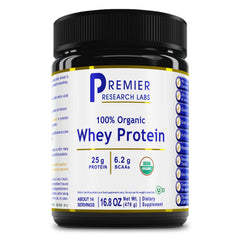 Premier Research Labs Organic unflavored whey powder tub for clean daily protein.