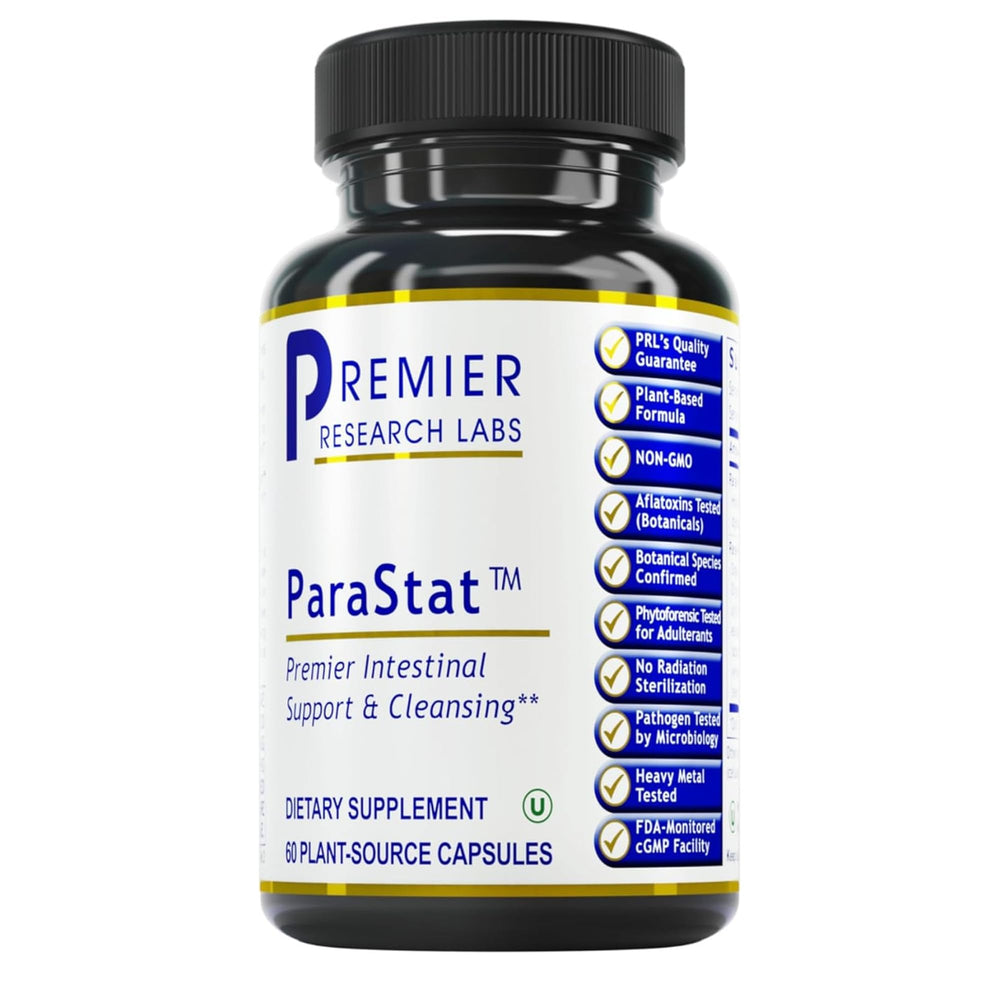 Premier Research Labs ParaStat bottle close-up for gut support.