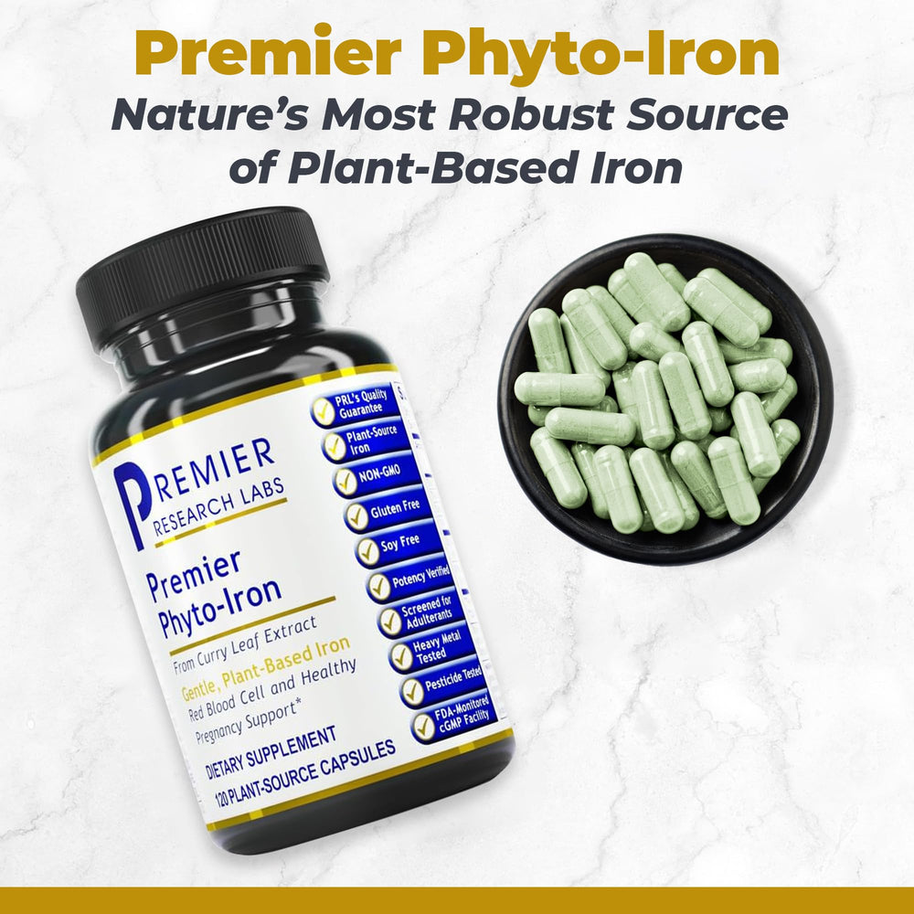 Premier Research Labs Phyto-Iron bottle front view, non-heme iron from curry leaves.