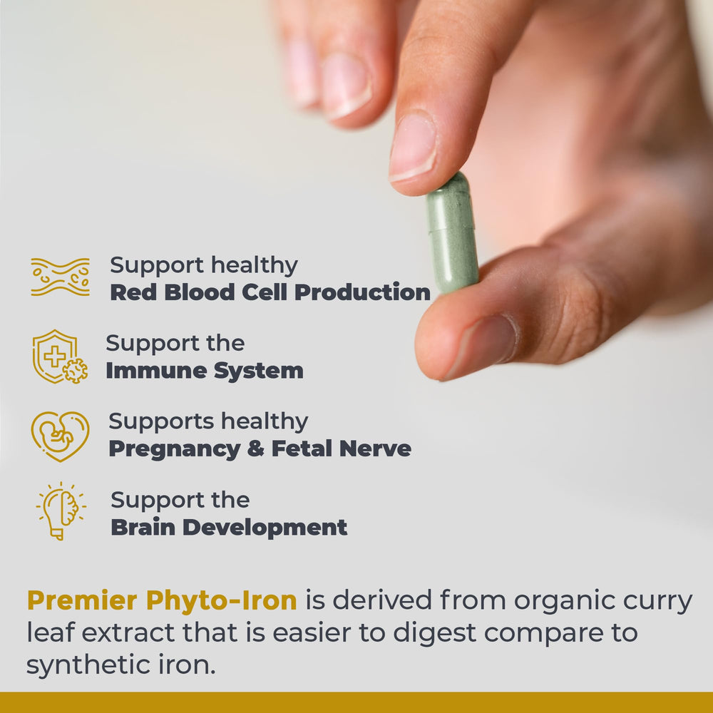 Premier Research Labs Phyto-Iron ingredients label highlighting curry leaves.