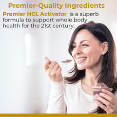 Close-up of Premier HCL Activator label highlighting betaine HCL and pepsin.