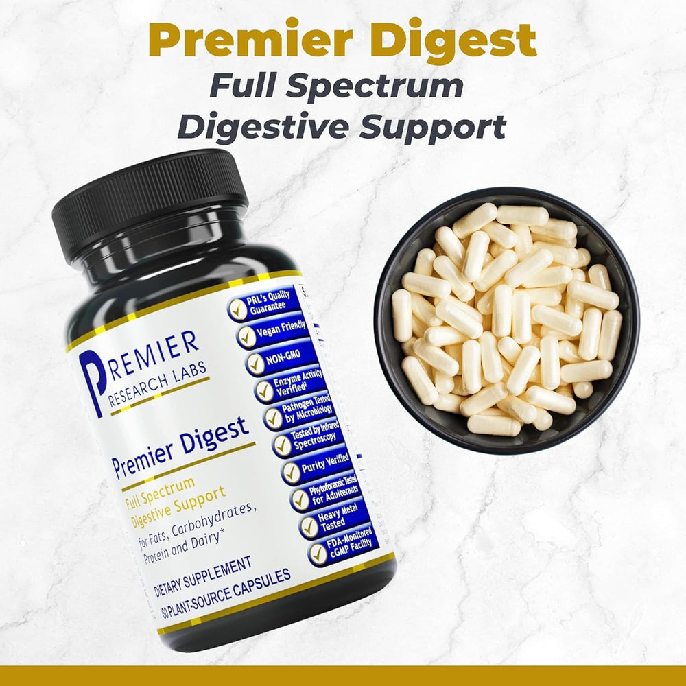 Premier Research Labs probiotic capsules on label highlighting gut support and prebiotic blend.