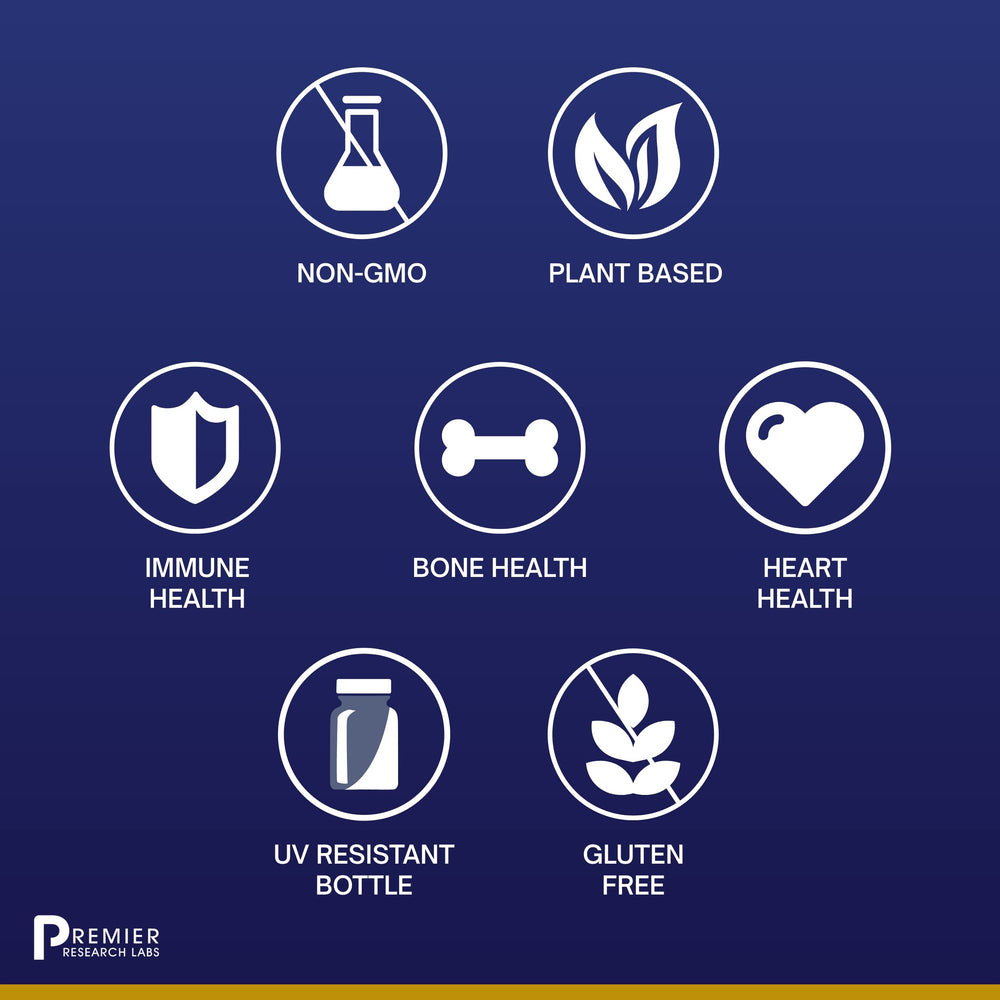 Premier Research Labs vegan D3+K2 bottle angled for shelf appeal and trust.