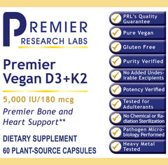 Premier Research Labs vegan D3+K2 label detail showing MK7 from natto.