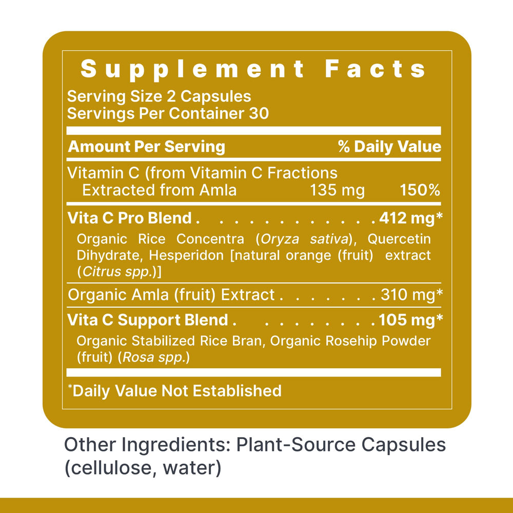 Vitamin C capsules highlighting whole-food formula and bioflavonoids.