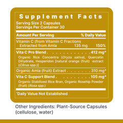 Vitamin C capsules highlighting whole-food formula and bioflavonoids.