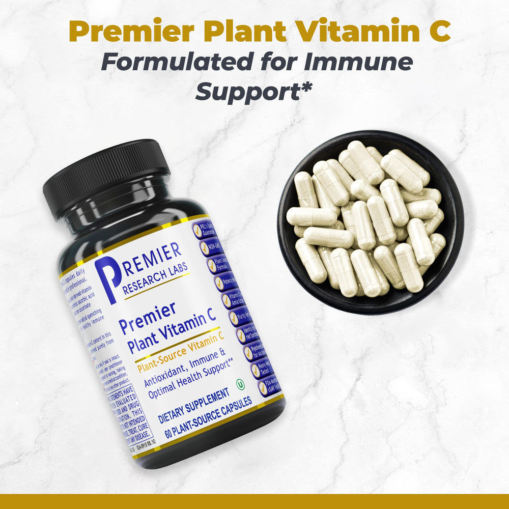Premier Research Labs Vitamin C label close-up with organic ingredients.