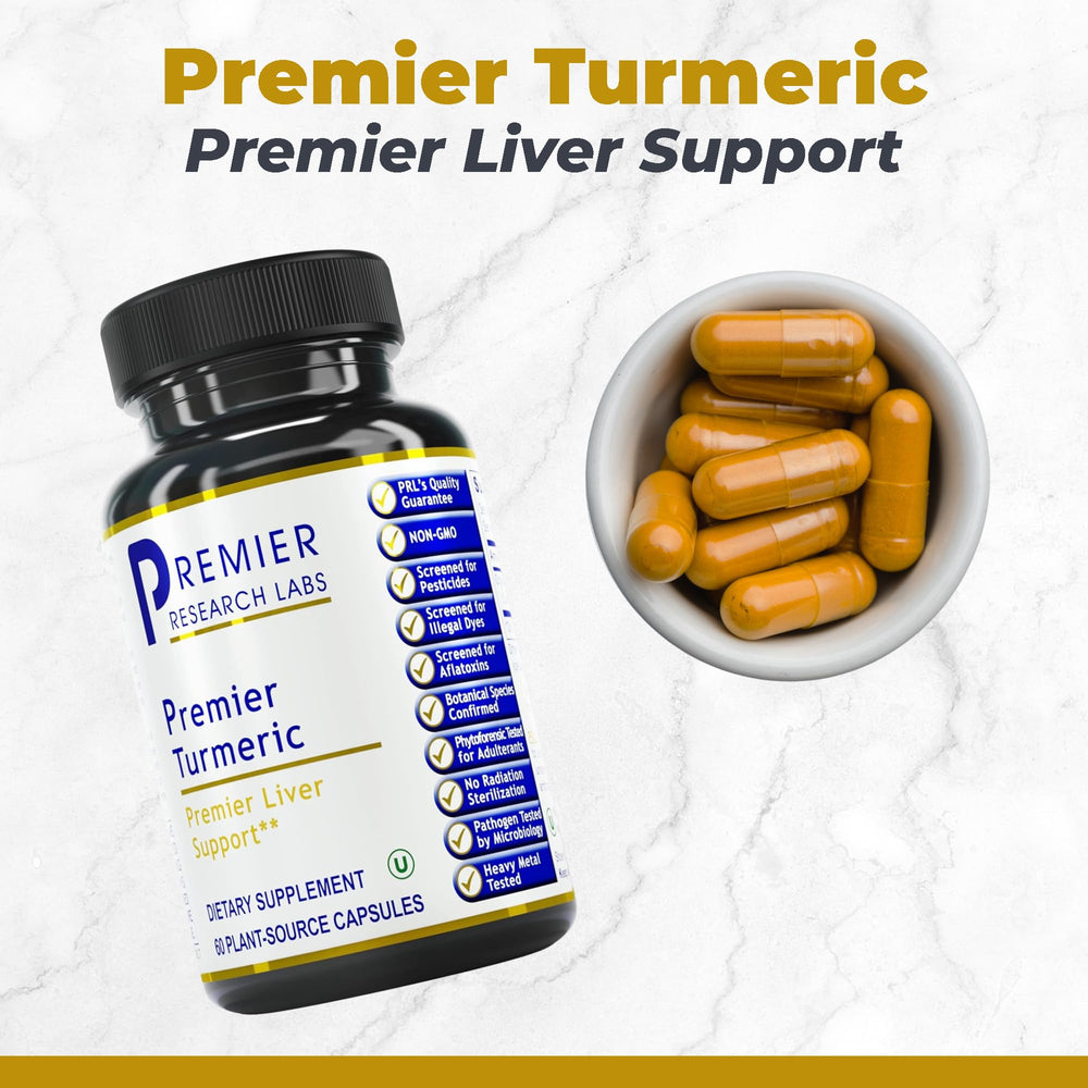Premier Turmeric Capsules bottle back view lists ingredients and daily-use guidance with meals