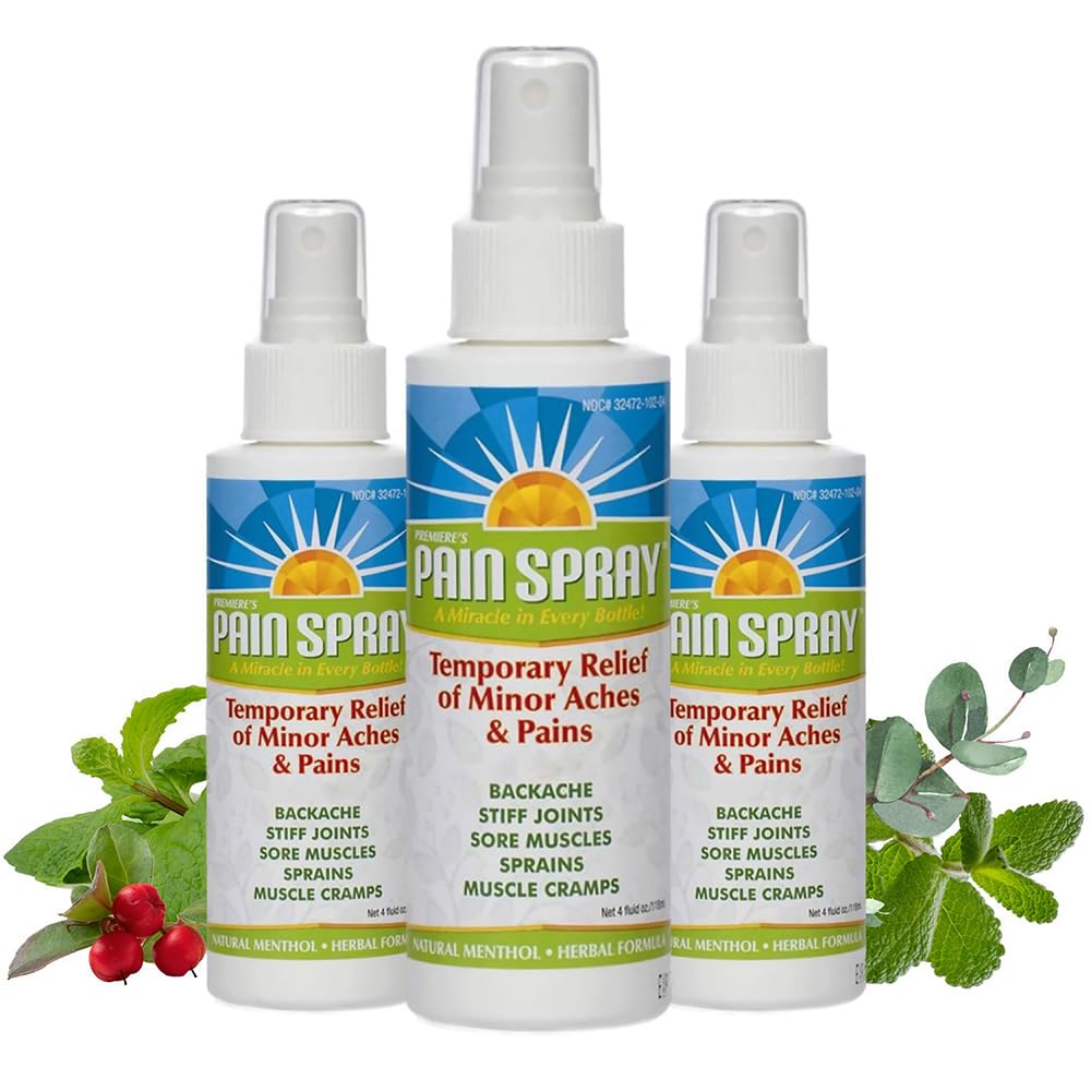 Premiere's Pain Spray bottle with menthol peppermint for quick, cooling relief.