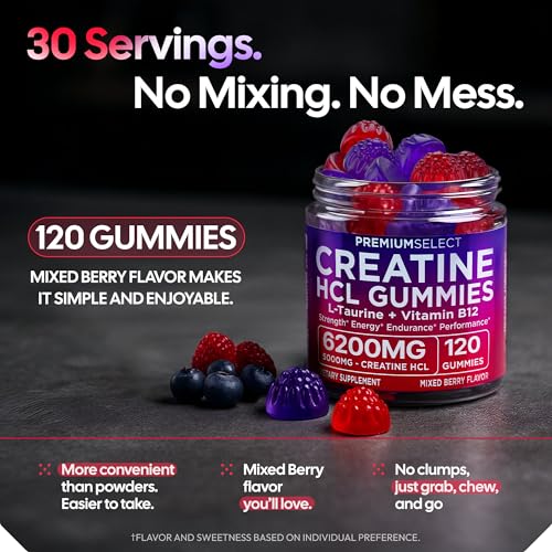 Close-up of gummies from Premium Select Nutrition Creatine HCL for daily supplementation.