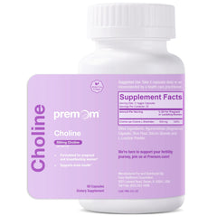 Premom prenatal choline bottle shows 550 mg per serving for daily pregnancy support.
