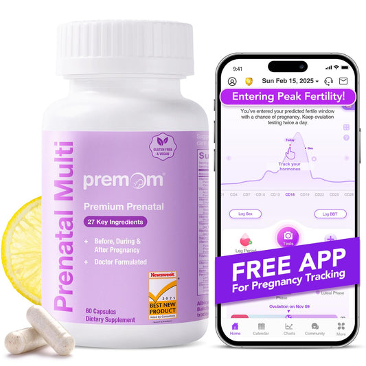 Premom prenatal vitamins bottle front for daily pregnancy support.