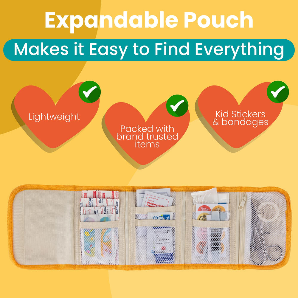 75-piece first aid kit including bandages, wipes, and gauze for children.