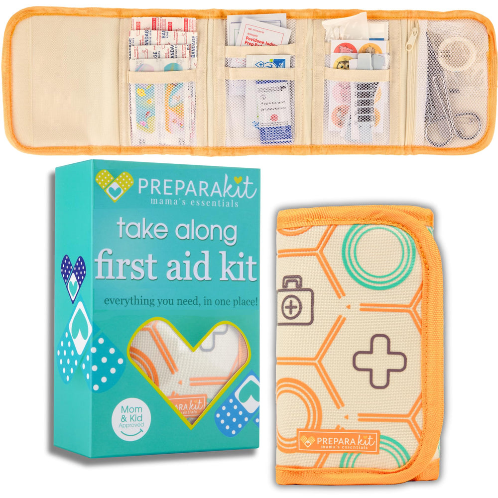 PreparaKit Kids First Aid Kit in orange crush inside a diaper bag; ideal for on-the-go families.
