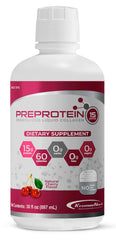 PreProtein 15 liquid bottle front shows potent collagen support for recovery and daily protein intake.