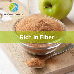 Prescribed For Life Apple Fiber Powder nutrition label highlights soluble and insoluble fiber benefits.