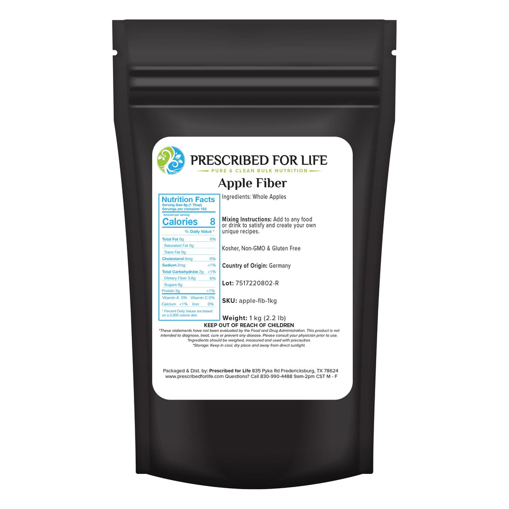 Prescribed For Life Apple Fiber Powder packaging highlights pure fiber source for daily digestion.
