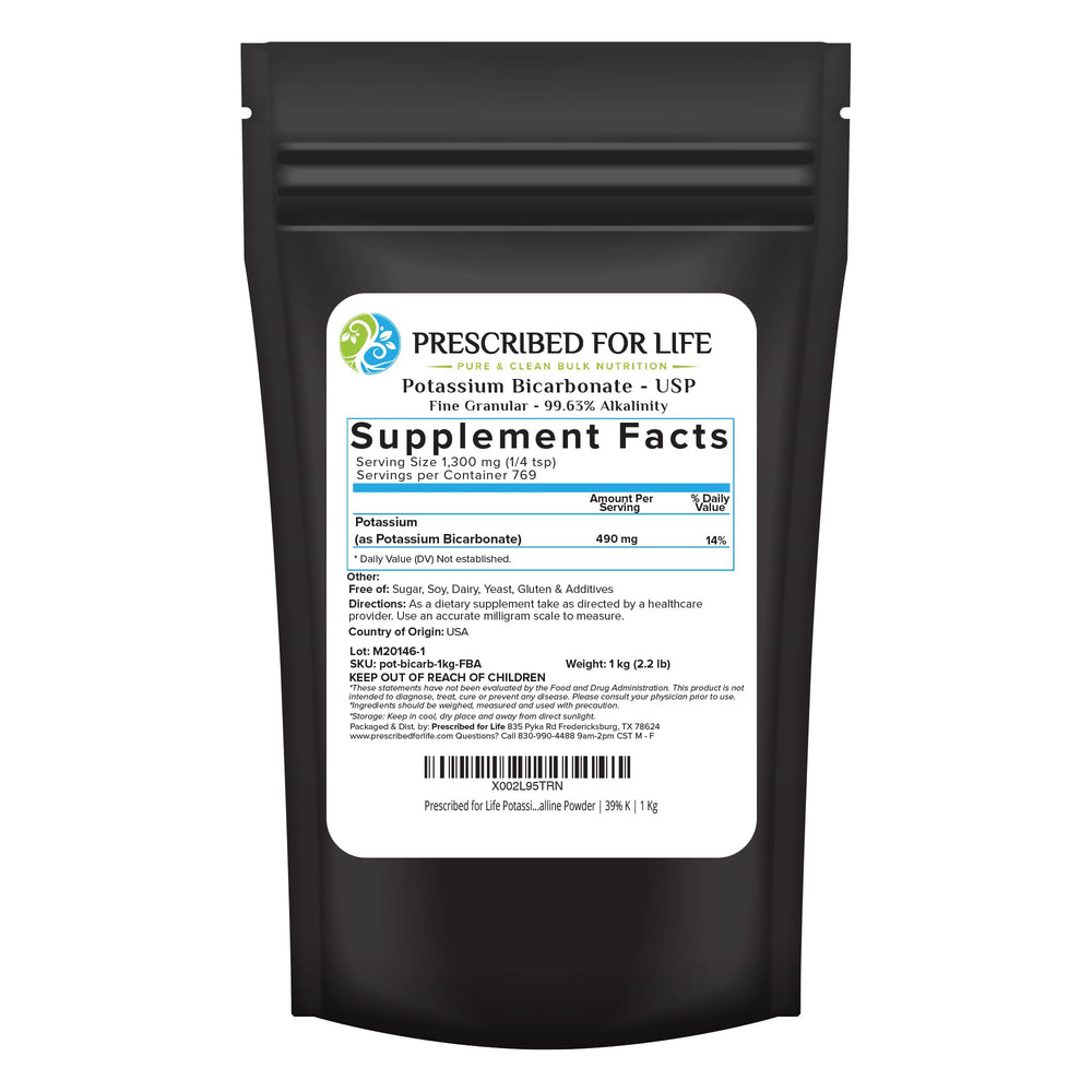 Prescribed For Life potassium bicarbonate powder packaging shown, purity for kitchen and garden uses.