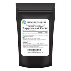 Prescribed For Life potassium bicarbonate powder packaging shown, purity for kitchen and garden uses.