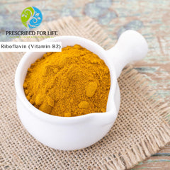 Prescribed For Life riboflavin powder bottle back label indicating gluten-free and non-GMO.