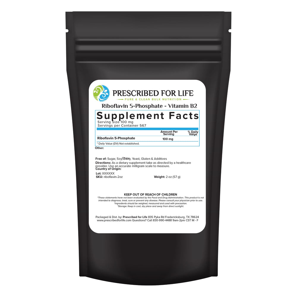 Prescribed For Life riboflavin powder bottle front view showing pure vegan B2.