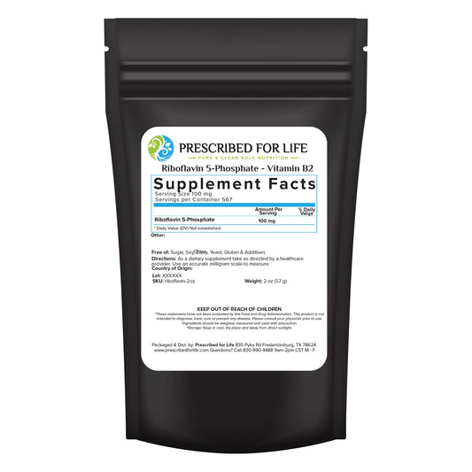 Prescribed For Life riboflavin powder bottle front view showing pure vegan B2.