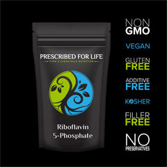 Prescribed For Life riboflavin powder packaging label highlights quality and third-party testing.