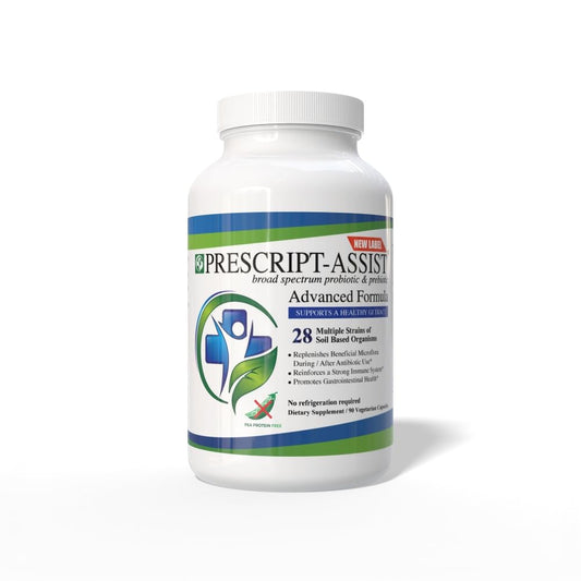 Prescript-Assist bottle front shows compact shelf-stable packaging for daily probiotic use
