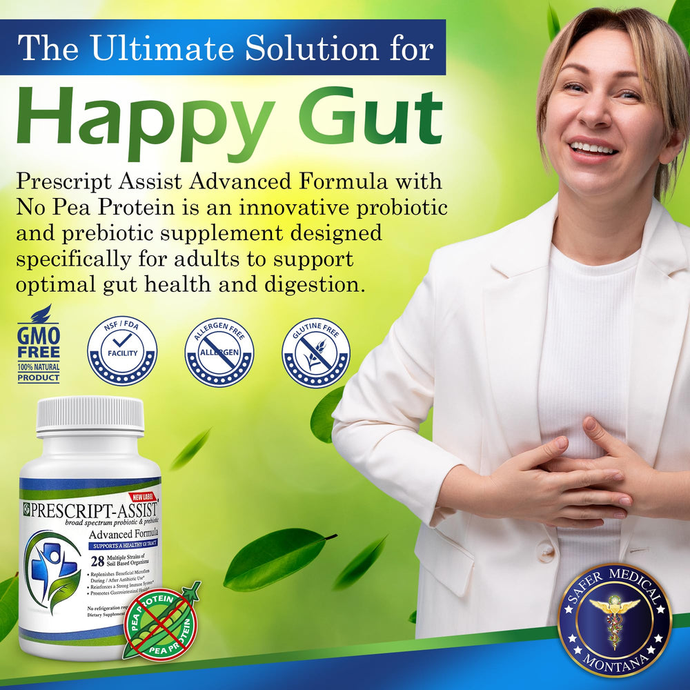 Prescript-Assist capsules close-up highlighting 28 soil-based strains for gut support