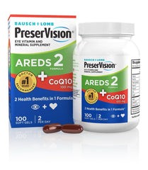 PreserVision AREDS2 CoQ10 bottle for daily eye and heart support.