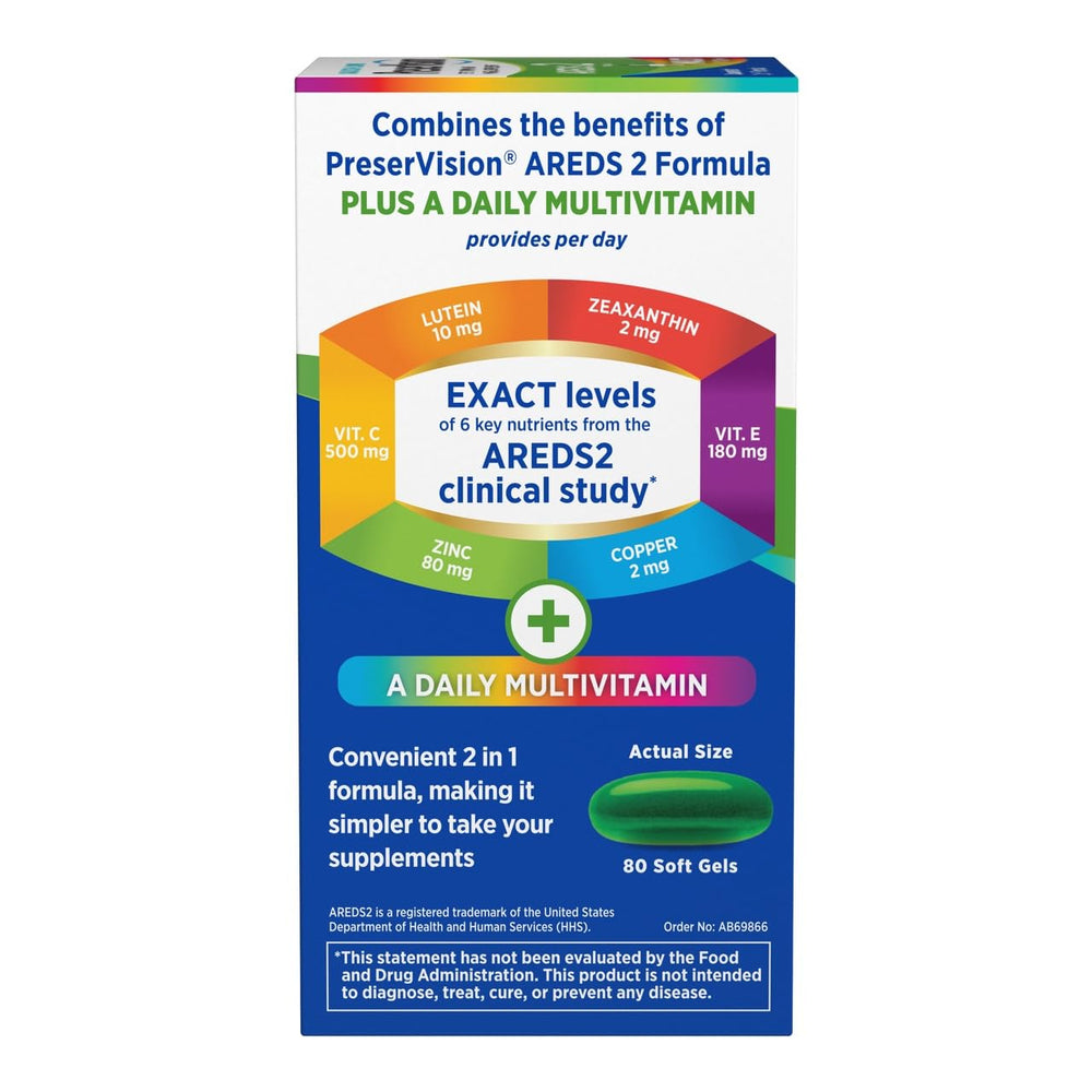 PreserVision AREDS 2 + Multivitamin duo bottle and tablets for daily supplementation