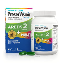 PreserVision AREDS 2 + Multivitamin bottle shows convenient 2-in-1 formula for daily eye health.