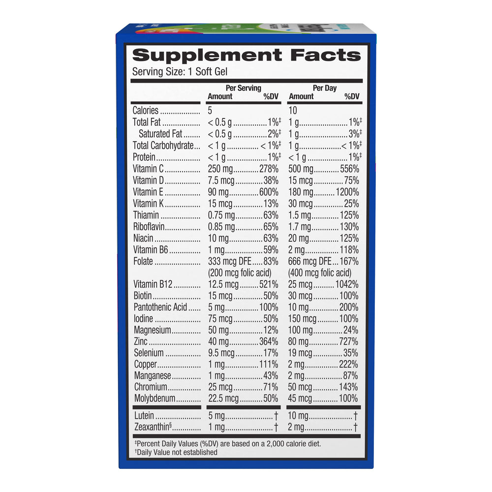 Close-up of capsules highlighting two-daily soft gels for simple daily dosing.