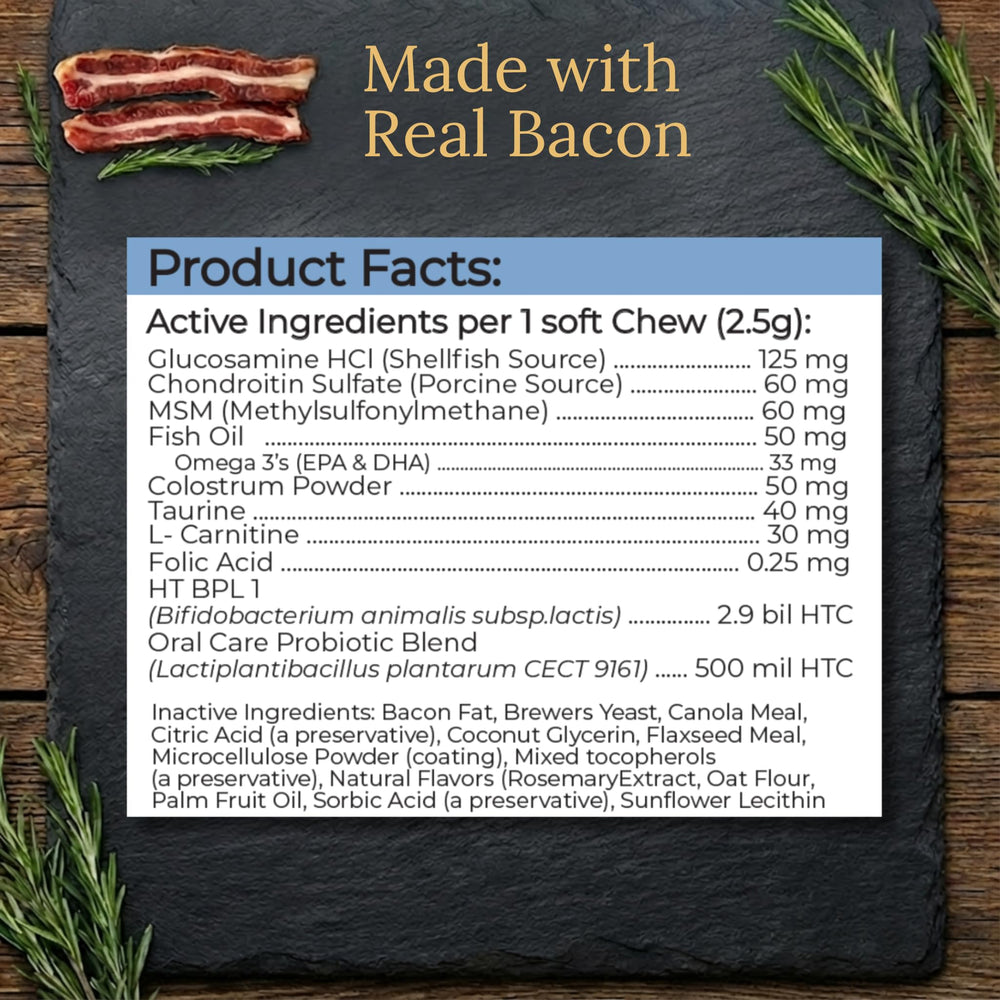 Prestige Breed real bacon flavor enhances palatability for daily supplementation.