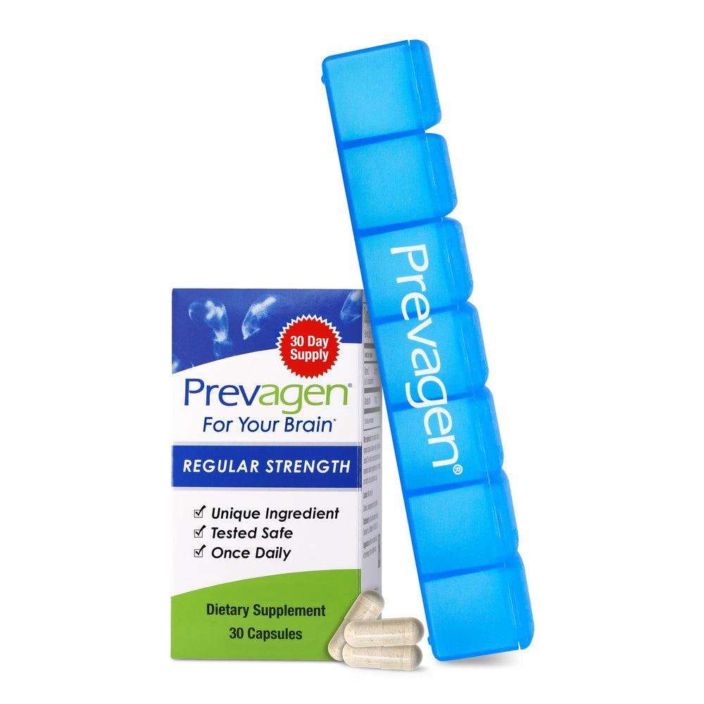 Prevagen Regular Strength bottle with 30 capsules, suggesting daily focus support.
