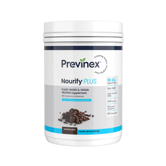 Previnex Nourify Plus chocolate protein bottle for everyday plant-based fueling.