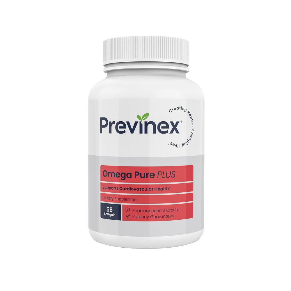Previnex Omega Pure Plus bottle with triple-strength omega-3 for daily heart and brain support.