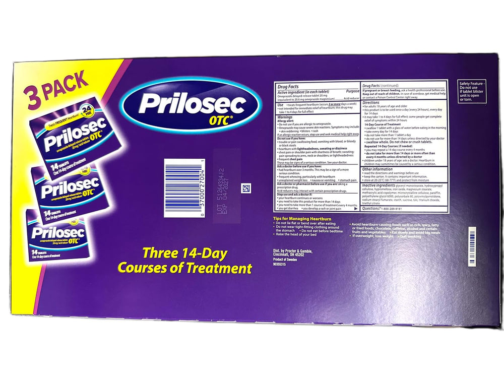 Prilosec OTC 3-pack box display, easy to stock for ongoing acid reduction.