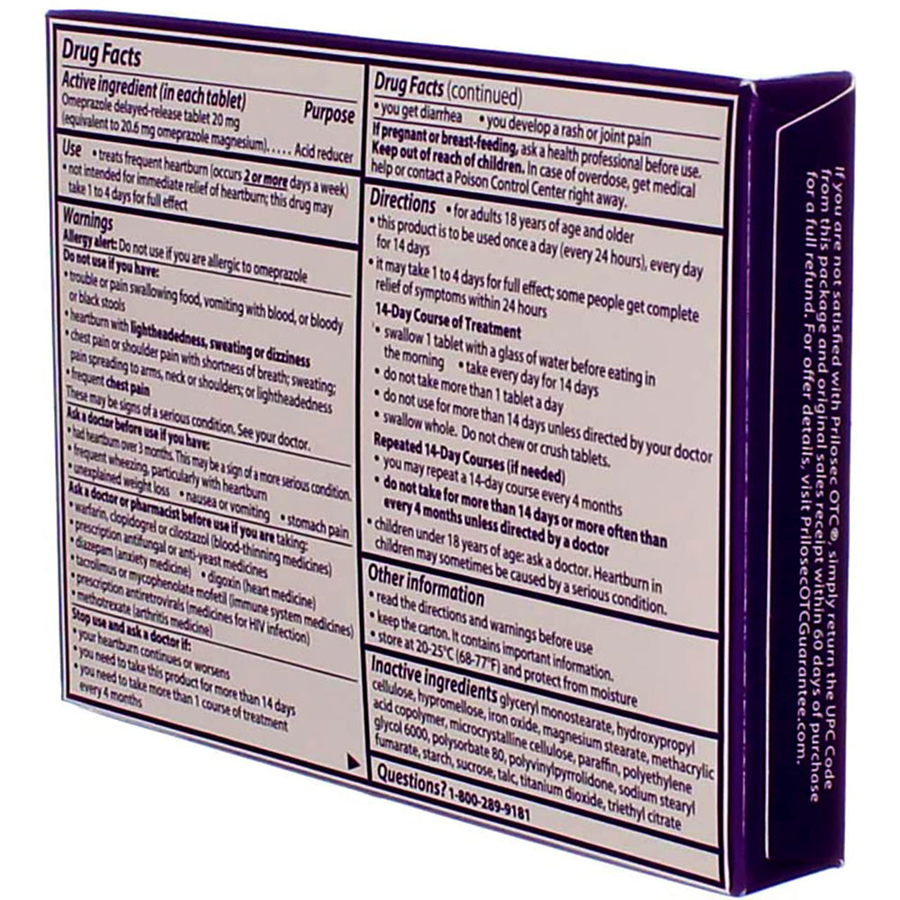 Prilosec OTC bottle closeup label showing dosing and packaging details.