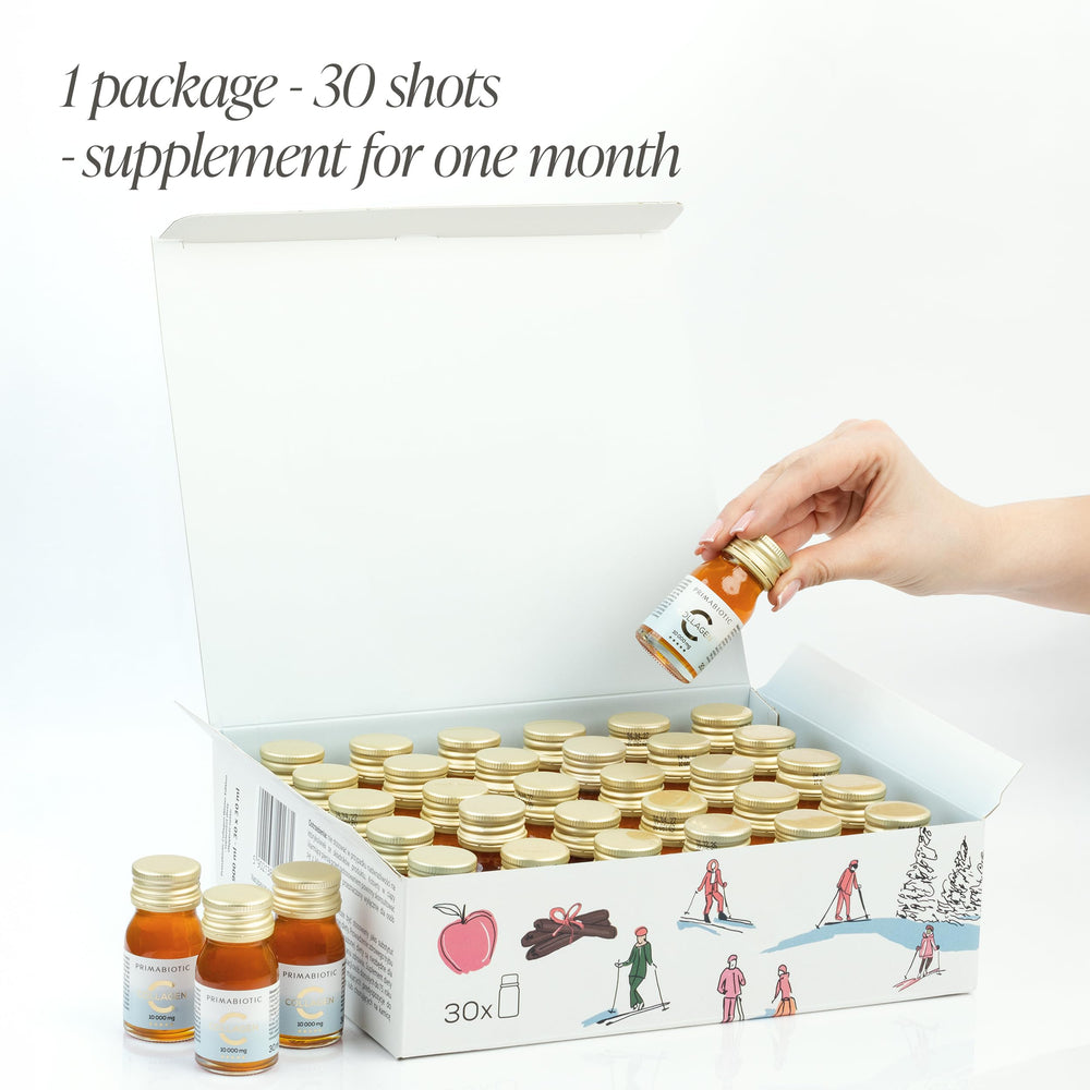 PRIMABIOTIC collagen shot apple peach lemon flavor, convenient daily dose for natural beauty support.