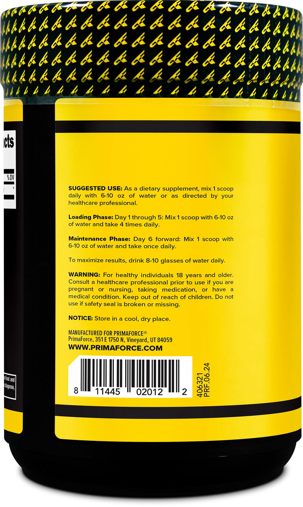 Primaforce Creatine monohydrate powder jar with clear label for convenient use