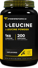 Primaforce L-Leucine powder jar, 1 kg bottle, gluten-free and non-GMO.