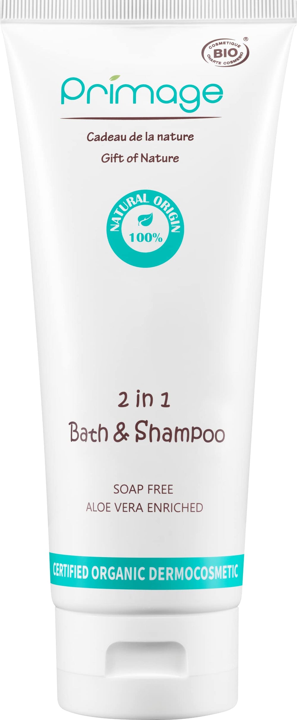 PRIMAGE 2 in 1 Bath & Shampoo bottle highlights tear-free, gentle cleansing for sensitive baby skin.