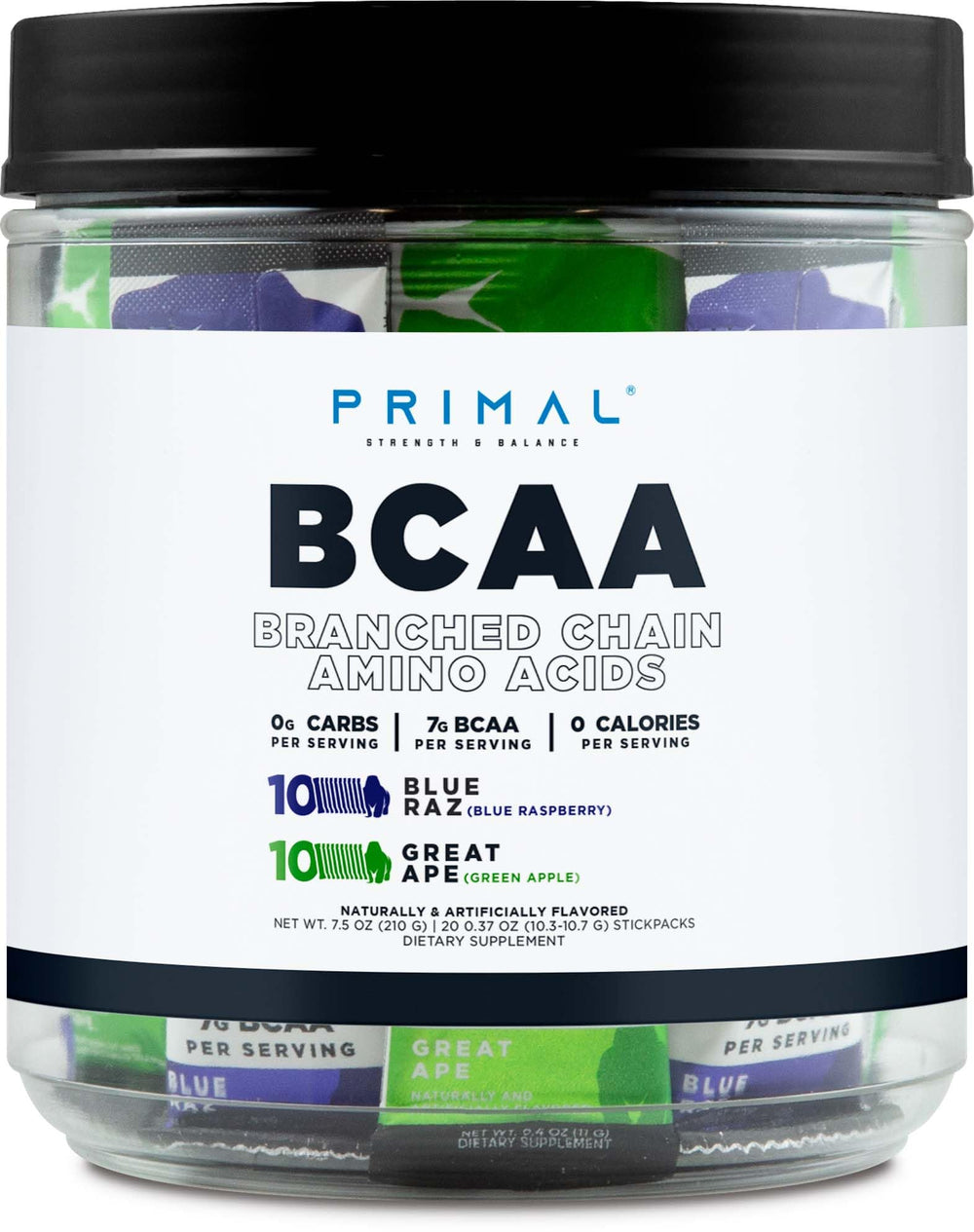 Primal BCAA Blue Raspberry stickpack close-up for a flavorful workout boost