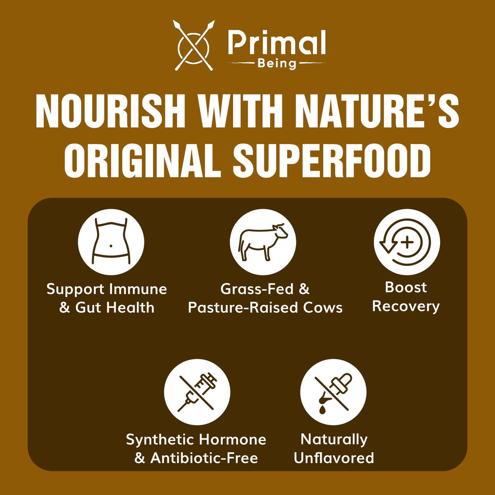 Primal Being colostrum powder alongside glass for gut health.
