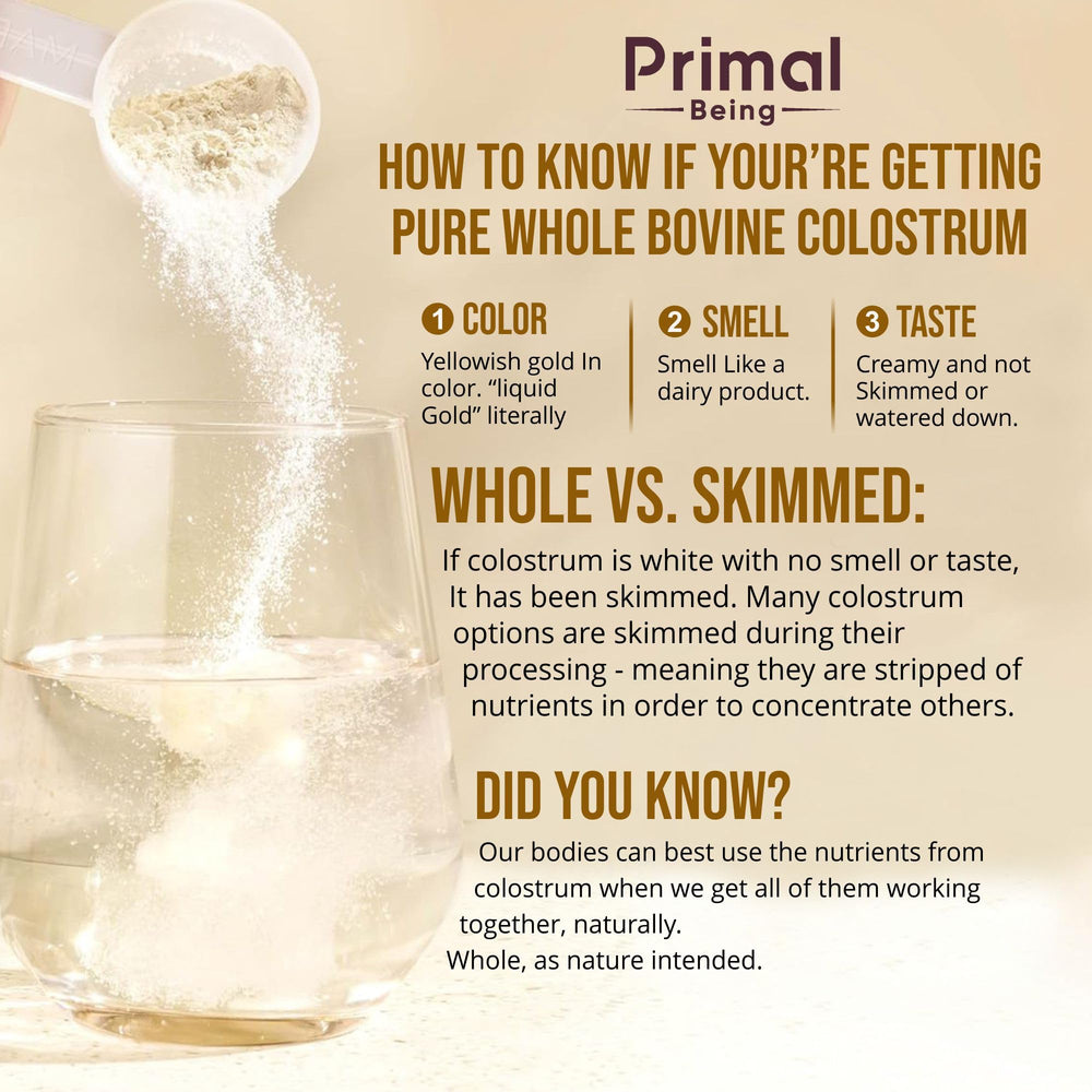 Primal Being colostrum powder third-party tested label.