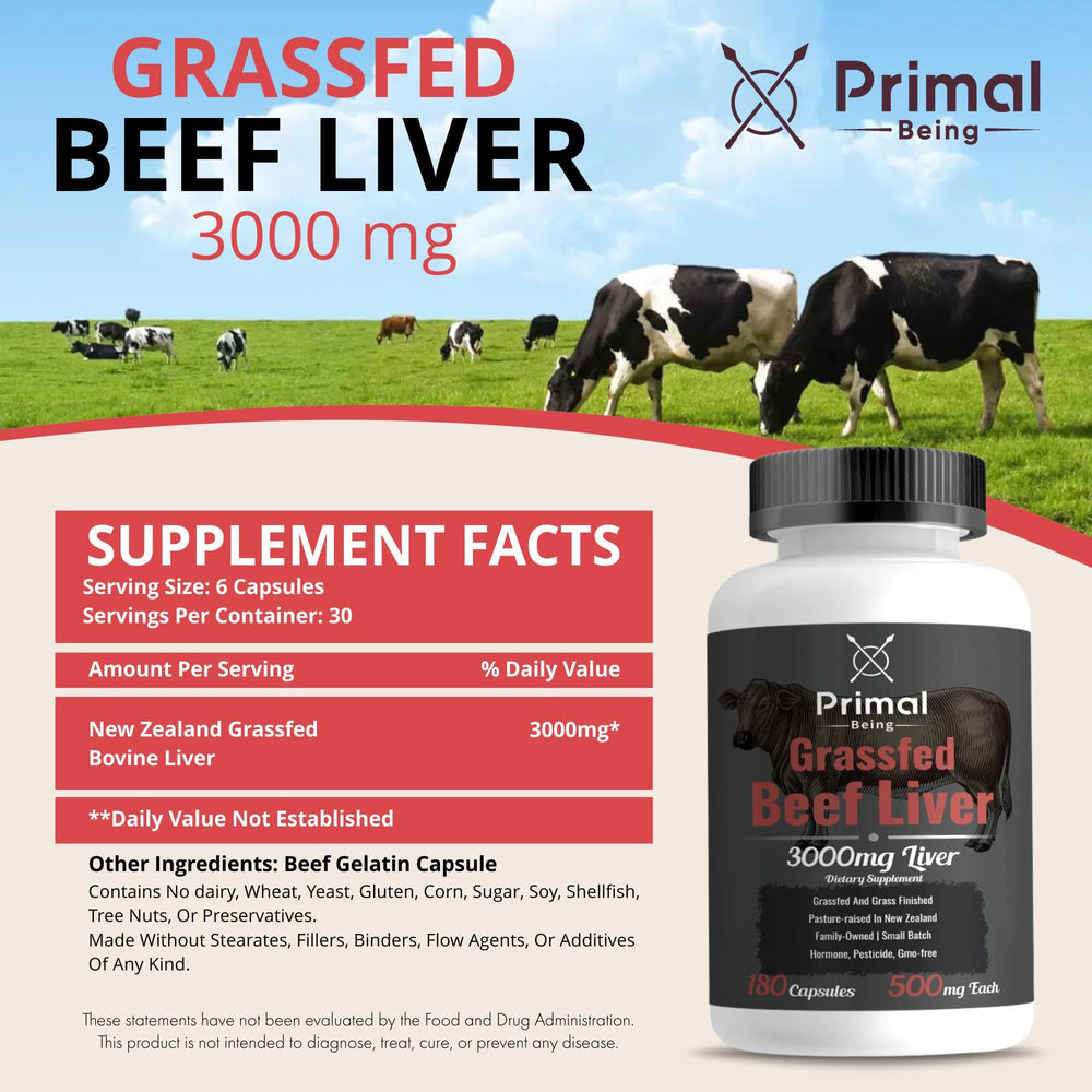 Primal Being freeze-dried liver capsules close-up, showcasing dense nutrient profile for daily vitality.