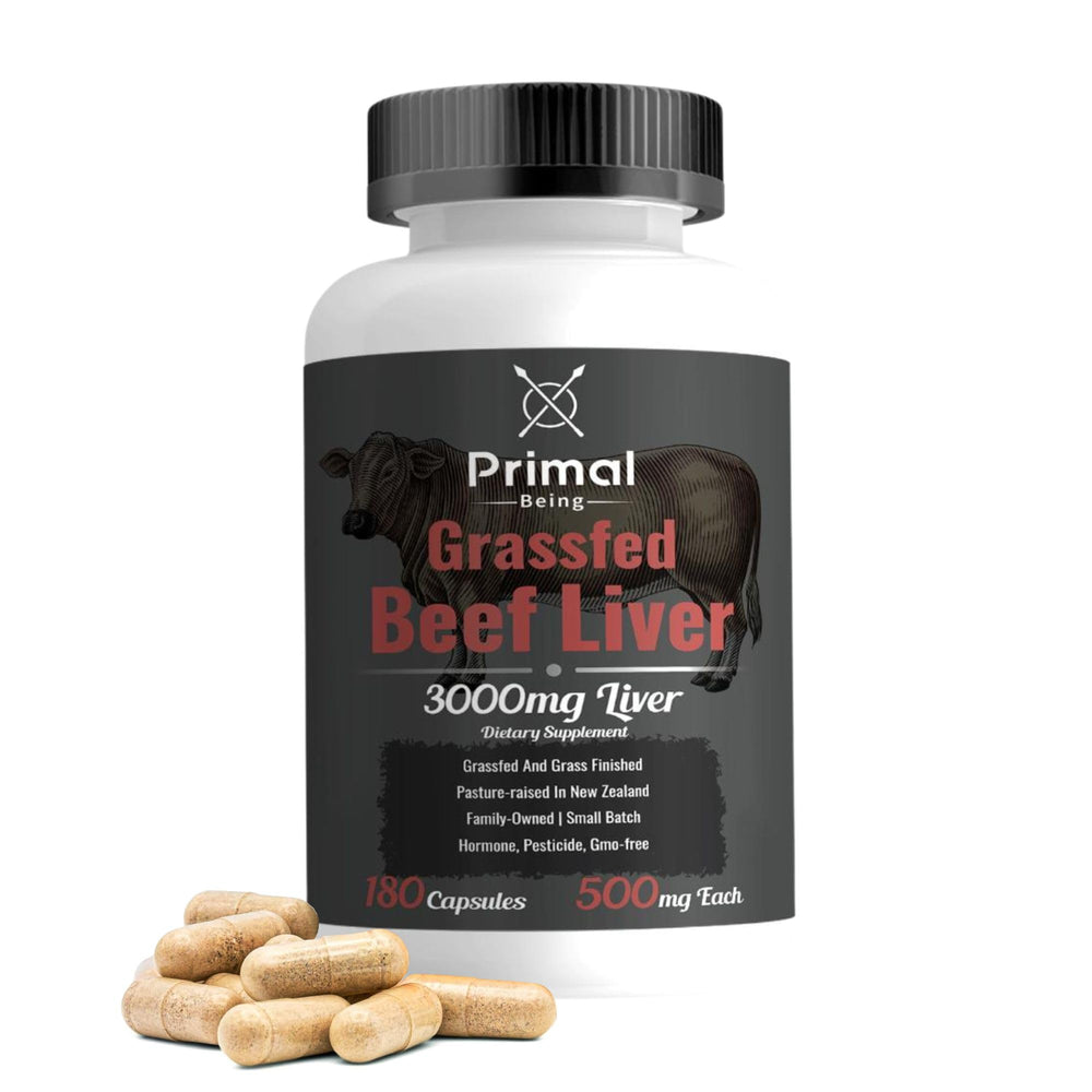 Primal Being grassfed beef liver capsules 3000mg on a clean backdrop, emphasizing energy support.