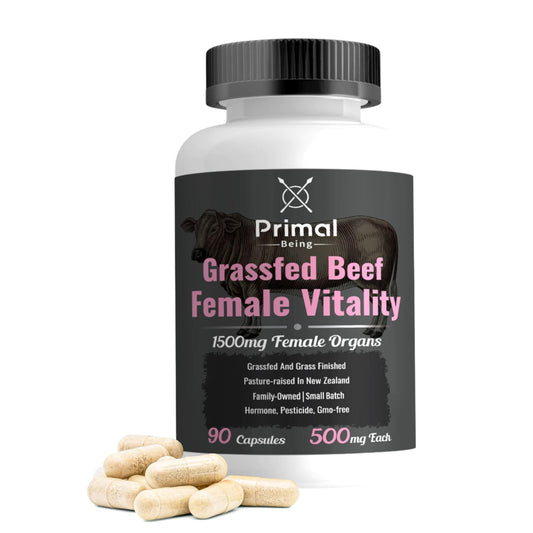 Primal Being Grassfed Female Vitality bottle on a counter suggesting daily vitality support.
